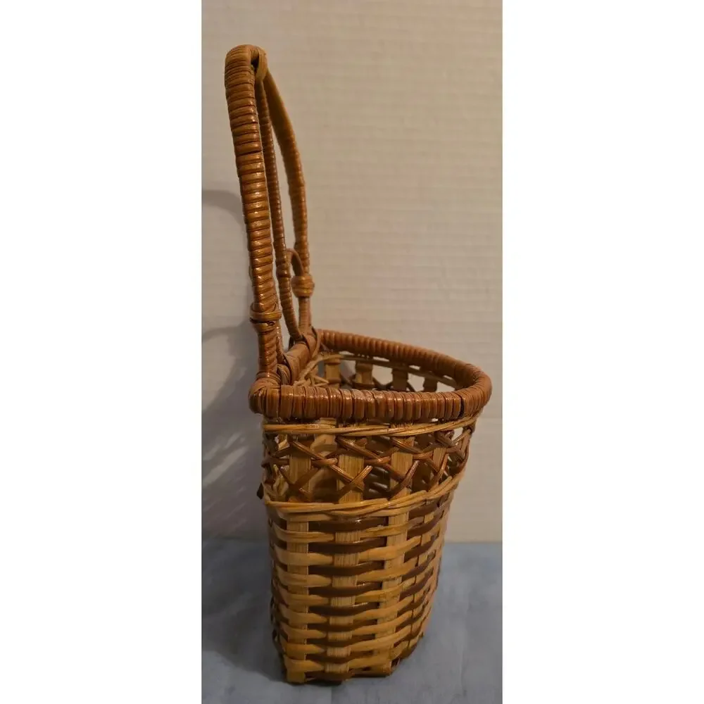 Vintage Wicker Basket Tall Handle Decorative Rattan Boho Cottagecore 10